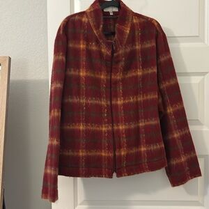 Sasha red fall leaves color wool blend jacket zipper sz 16 funnel neck plaid